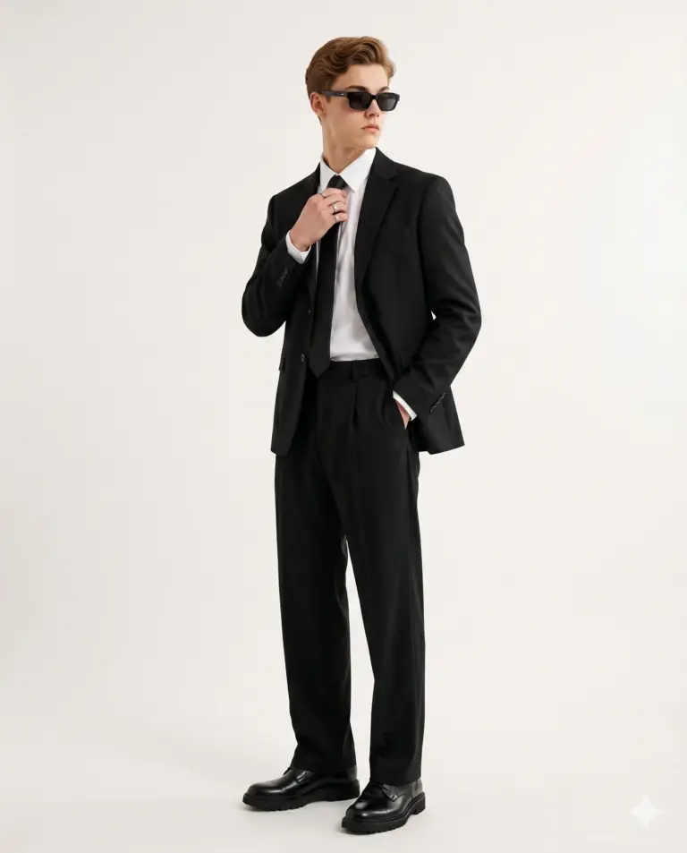 Man in Black Suit AI Photo Editing Prompt. AI generated studio portrait of a young man in a tailored black suit and sunglasses adjusting the tie standing against a white background.