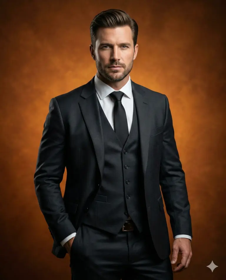 Man in Black Three-Piece Suit AI Photo Editing Prompt. AI generated studio portrait of a sharp-dressed man wearing a charcoal three-piece suit against a warm amber textured background.