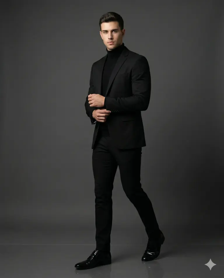 Man in Black Suit and Turtleneck AI Photo Editing Prompt. AI generated studio portrait of a man in a black blazer and turtleneck sweater adjusting his sleeves while walking against a dark gray background.