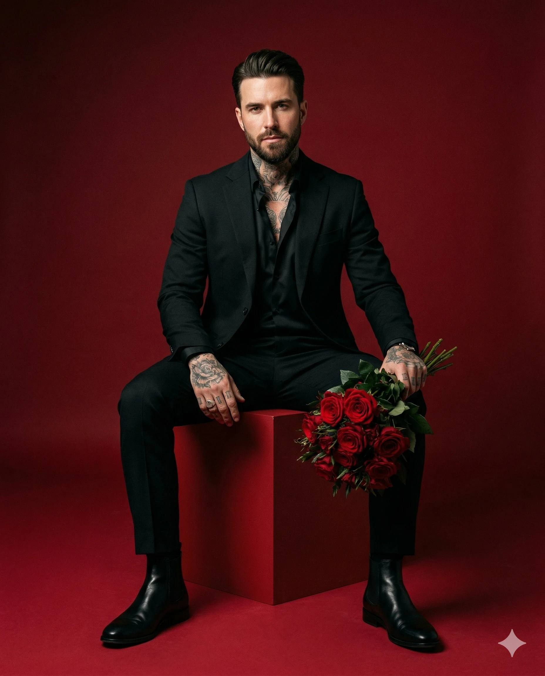 Men's Fashion Prompt. AI generated studio portrait of a tattooed man in a black suit holding red roses while sitting on a red cube.