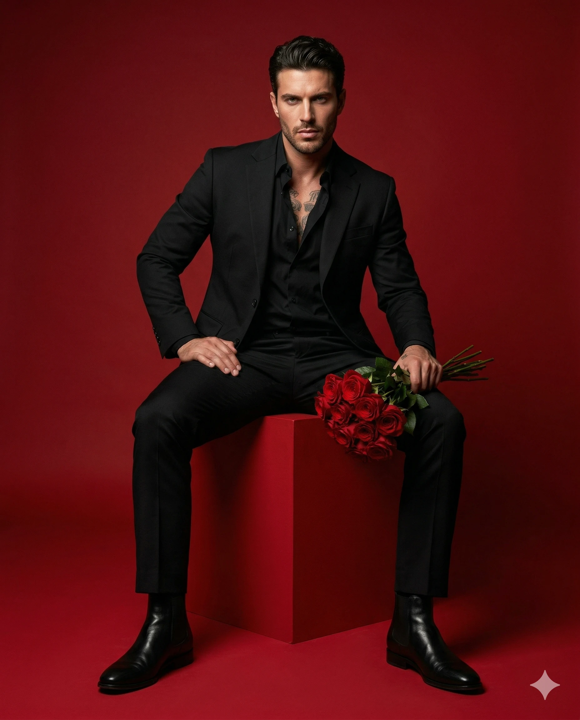 Man in Black Suit with Red Roses Portrait Prompt. AI generated studio portrait of a stylish man in a black suit sitting on a red cube and holding a bouquet of red roses against a solid red background.
