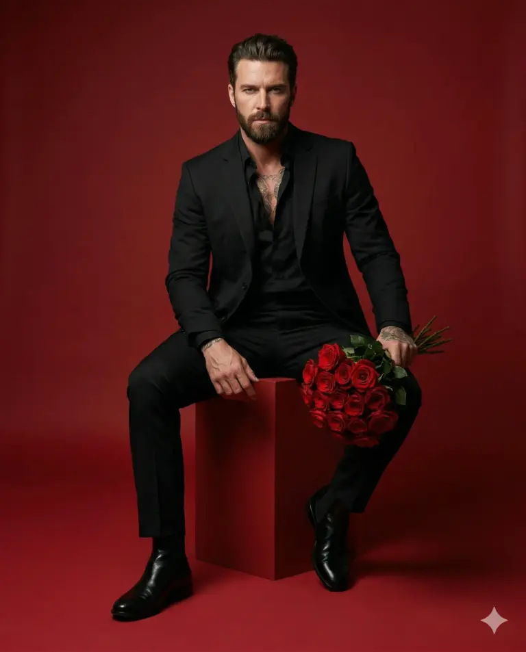 Man in Black Suit with Red Roses AI Photo Editing Prompt. AI generated studio portrait of a bearded man in a black suit holding a bouquet of red roses against a solid red background.