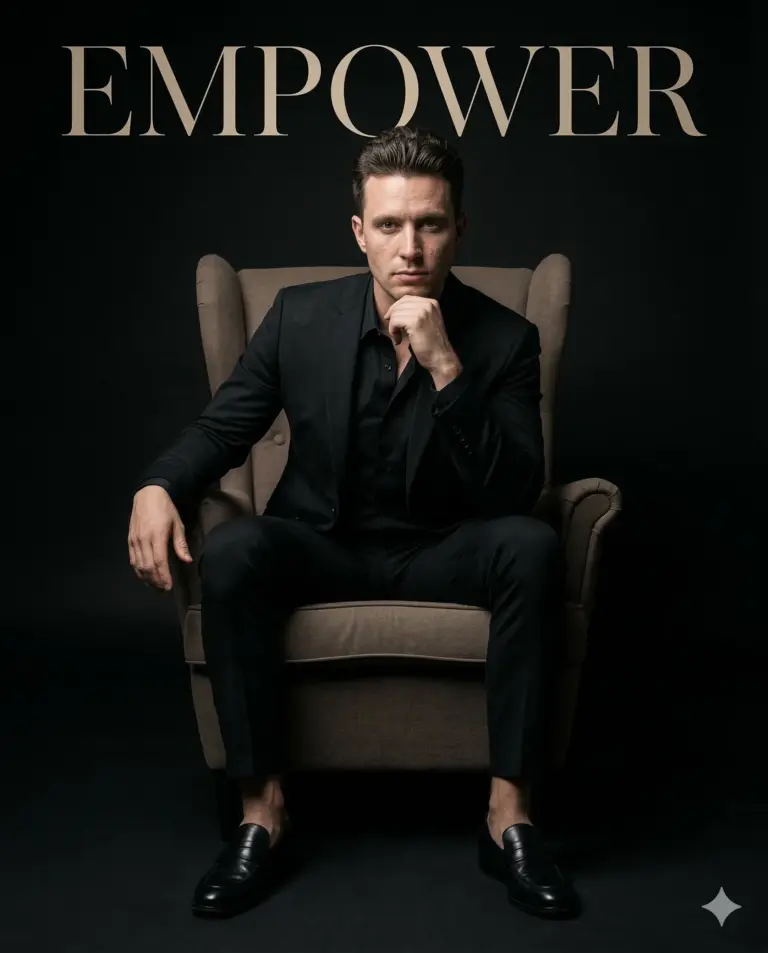 Empowered Man in Black Suit AI Photo Editing Prompt. AI generated professional studio portrait of a man in a black suit sitting in a brown armchair under the word EMPOWER.