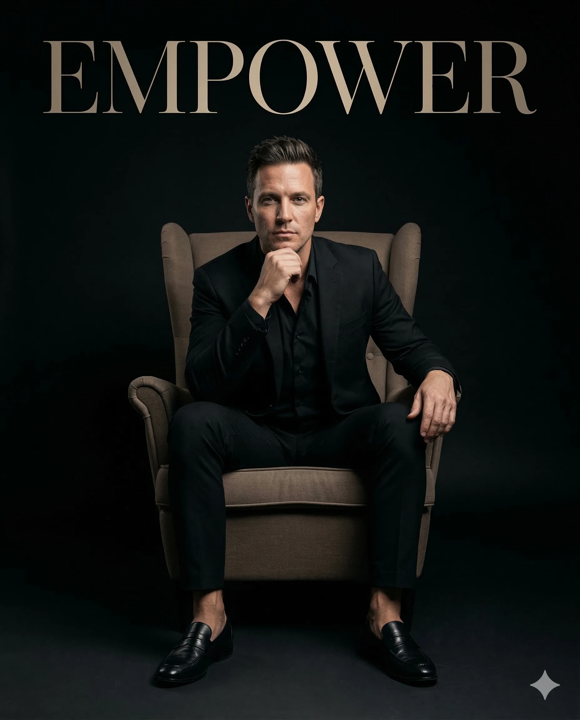 Man in Black Suit in Armchair AI Photo Editing Prompt. AI generated studio portrait of a man in a black suit sitting in a brown wingback armchair under the word EMPOWER on a black background.
