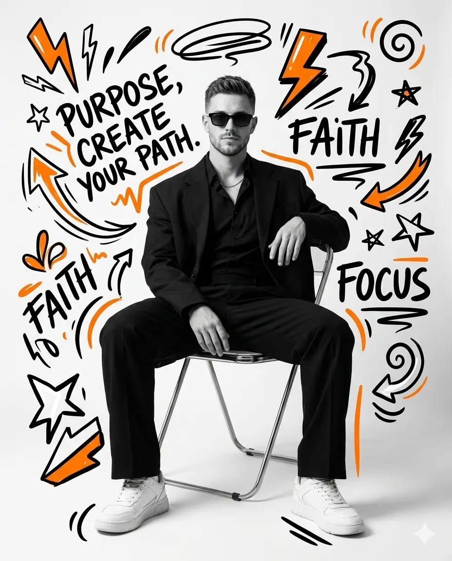 AI generated mixed media portrait of a man in a black suit and sunglasses sitting on a chair, surrounded by orange and black graphic text and doodles.