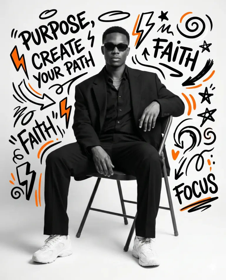 Man in Suit Doodles AI Photo Editing Prompt. AI generated digital portrait of a seated Black man in a suit surrounded by motivational doodles like "Faith" and "Purpose."
