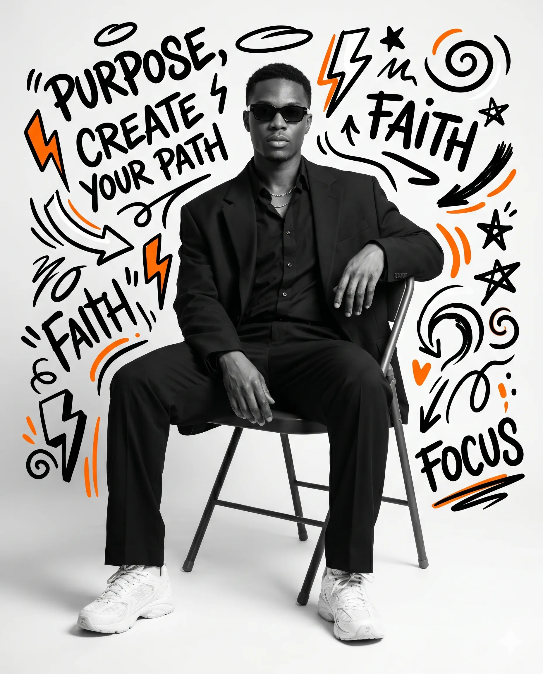 Man in Suit Doodles AI Photo Editing Prompt. AI generated digital portrait of a seated Black man in a suit surrounded by motivational doodles like "Faith" and "Purpose."