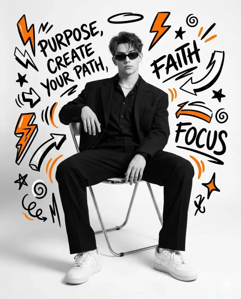 Stylish Man with Motivational Doodles AI Photo Editing Prompt. AI generated digital illustration of a young man in a black suit sitting on a chair, featuring hand-drawn motivational text like 'PURPOSE' and 'FAITH' in black and orange.