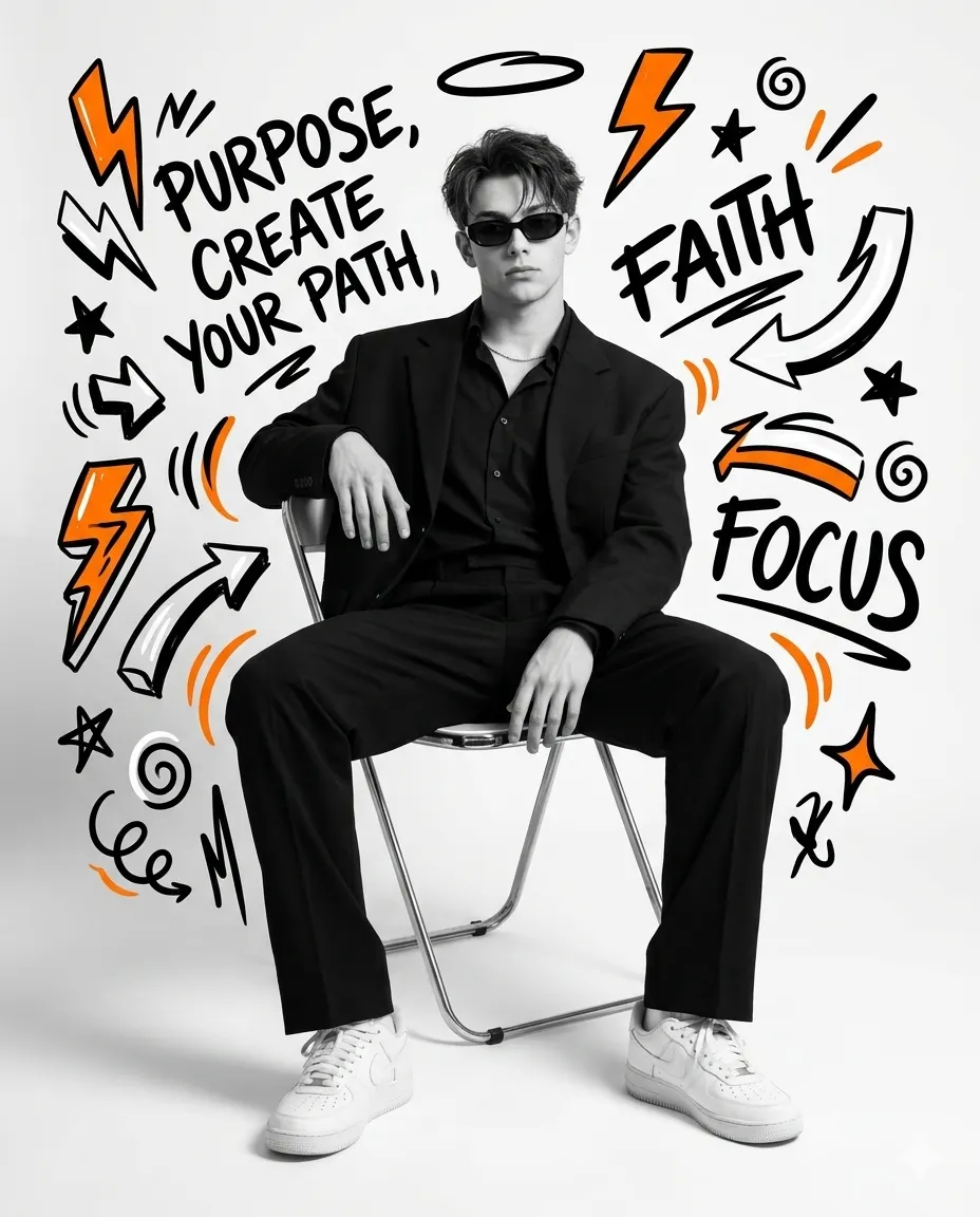 Stylish Man with Motivational Doodles AI Photo Editing Prompt. AI generated digital illustration of a young man in a black suit sitting on a chair, featuring hand-drawn motivational text like 'PURPOSE' and 'FAITH' in black and orange.