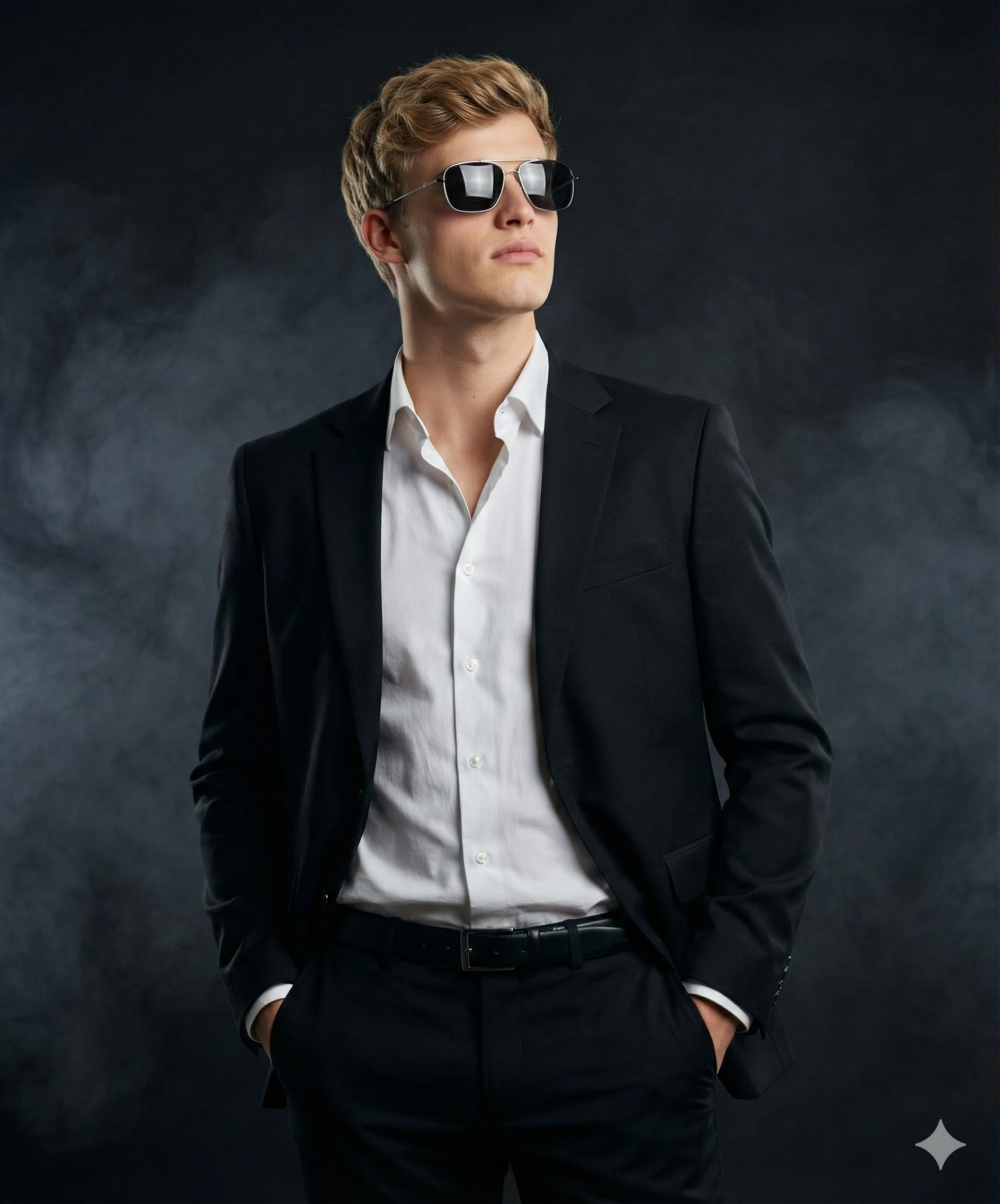 Stylish Man Black Suit AI Photo Editing Prompt. AI generated studio portrait of a young man wearing a black suit and aviator sunglasses against a smoky dark background.