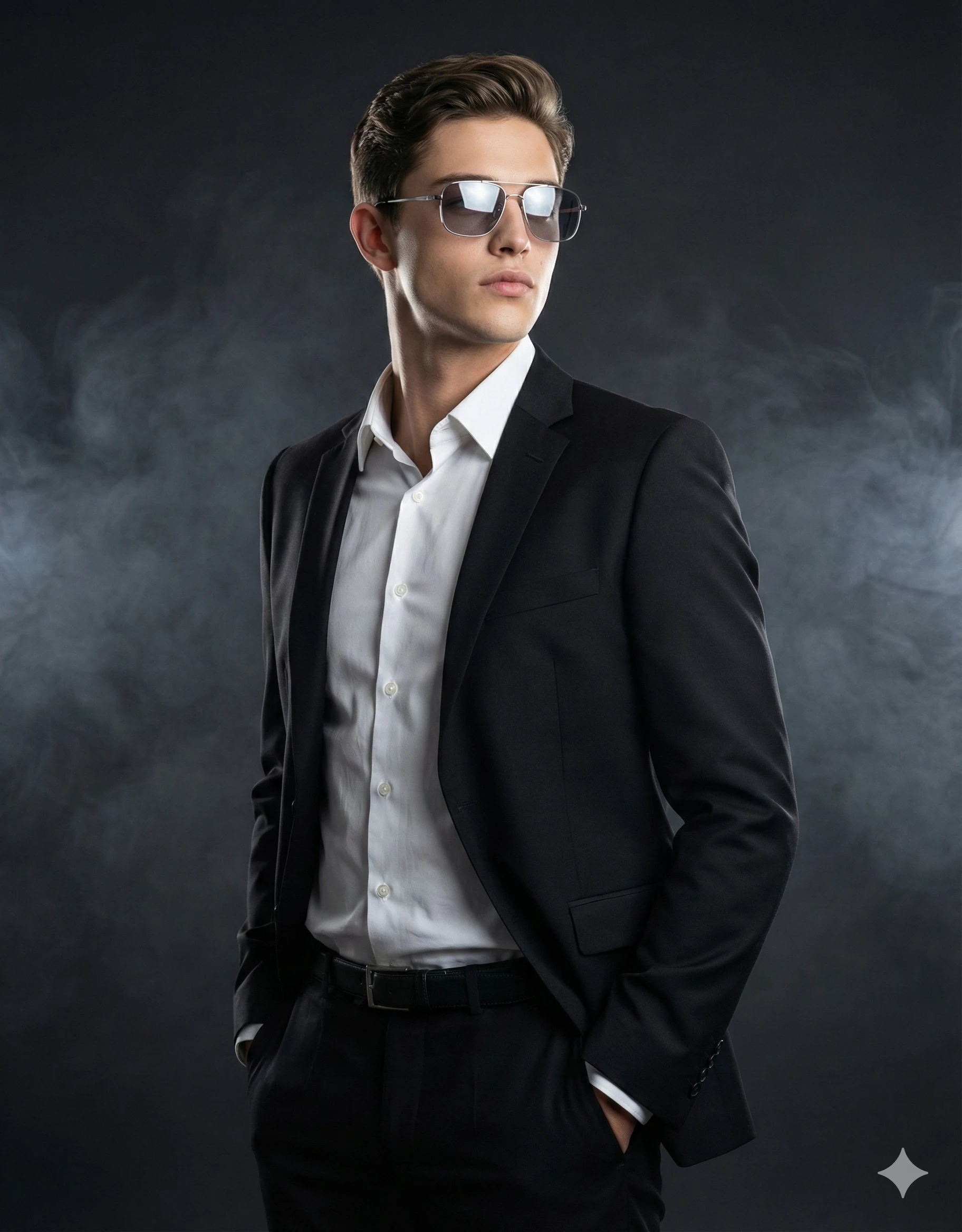 Man in Black Suit and Sunglasses AI Photo Editing Prompt. AI generated studio portrait of a stylish young man wearing a black suit and sunglasses posing against a dark smoky backdrop.