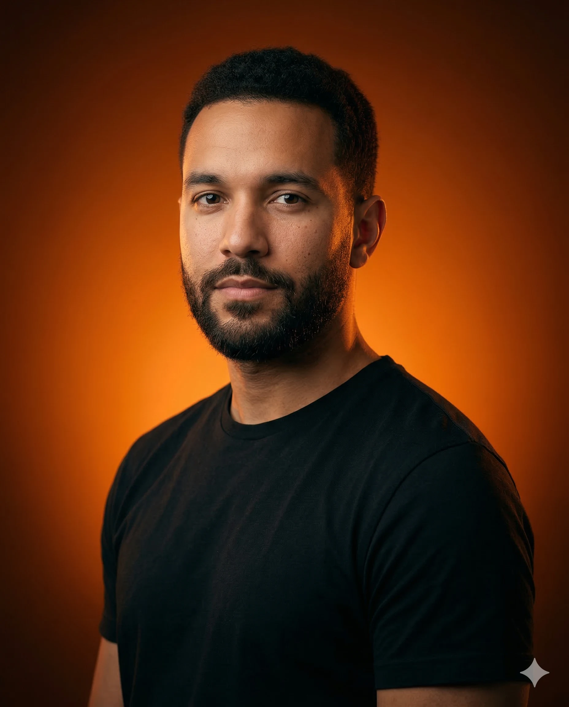 Professional Headshot of Man in Black T-shirt AI Prompt. AI generated studio portrait of a bearded man in a black t-shirt set against a warm orange glow background.