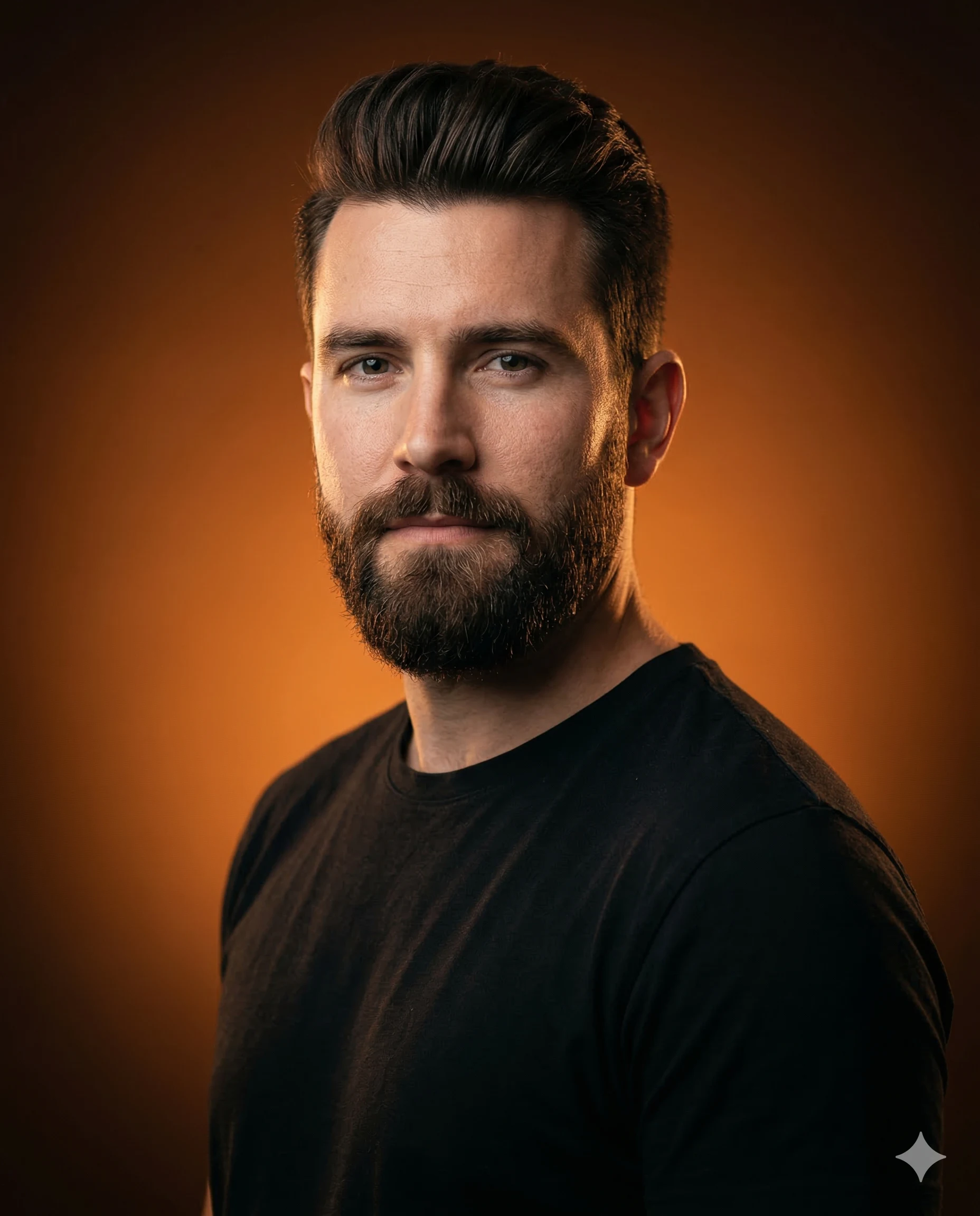 Man in Black T-shirt Profile Photo Prompt. AI generated studio portrait of a groomed man with dark hair wearing a black t-shirt against a solid orange background.