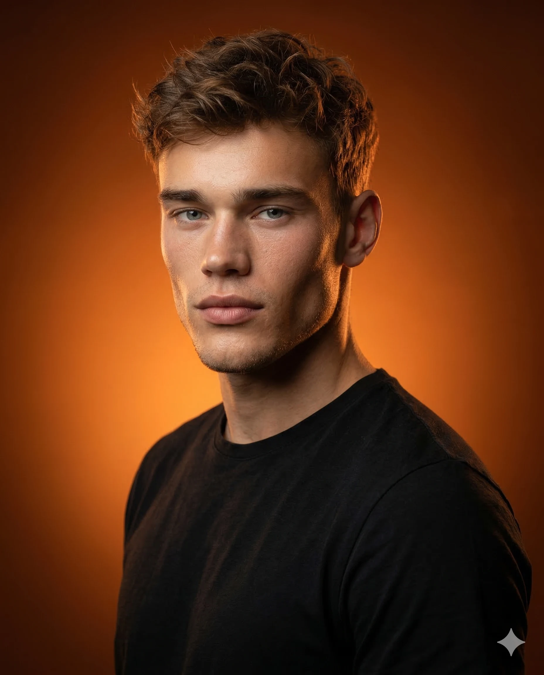 Man in Black T-shirt on Orange Background AI Photo Editing Prompt. AI generated studio portrait of a young man with wavy brown hair and sharp features wearing a black t-shirt against a vibrant orange backdrop.