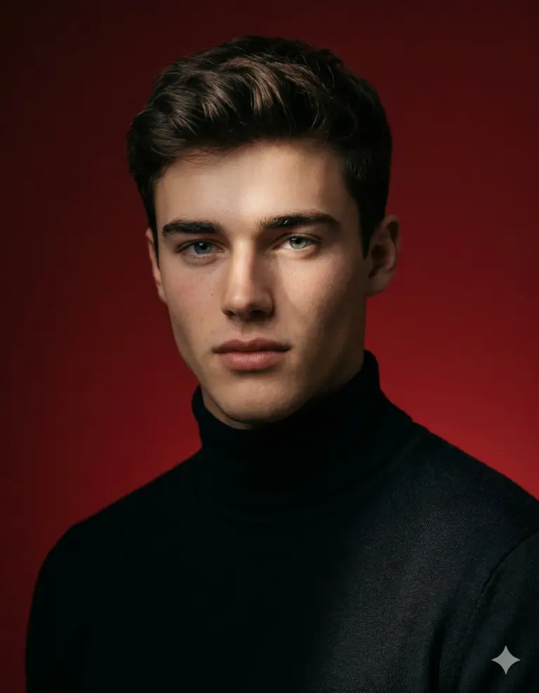 Man in Black Turtleneck on Red Background AI Photo Editing Prompt. AI generated cinematic portrait of a handsome young man wearing a black turtleneck against a deep red studio background.