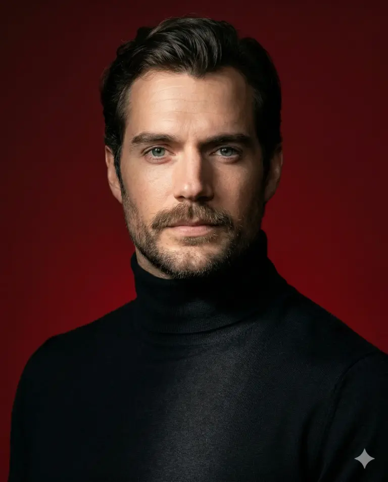 Man in Black Turtleneck AI Photo Editing Prompt. AI generated cinematic studio portrait of a man with a mustache and beard wearing a black turtleneck against a dark red background.