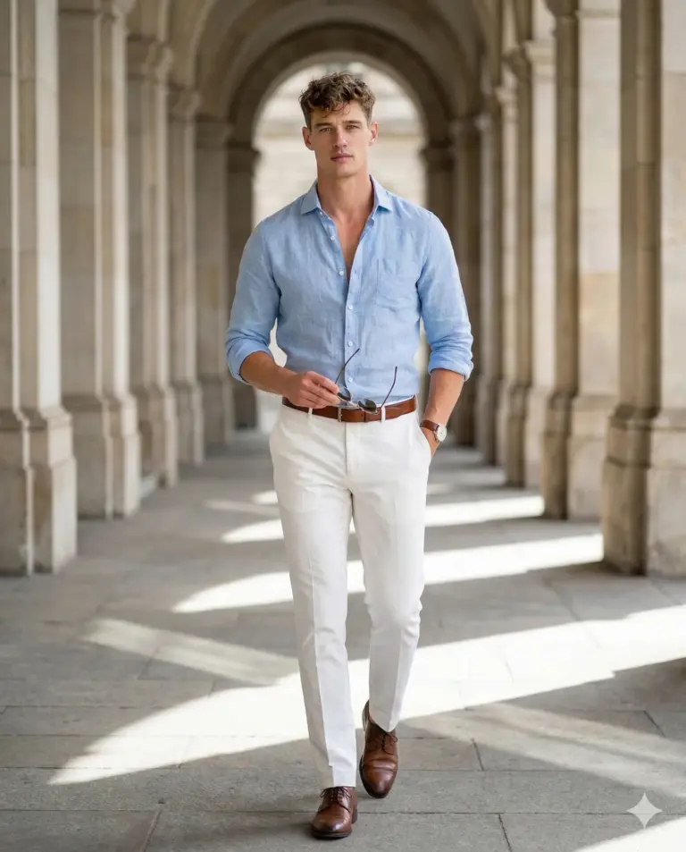 Realistic Men's Fashion Photography AI Prompt. AI generated lifestyle fashion portrait of a man in a light blue linen shirt and white trousers walking through a sunlit stone archway.
