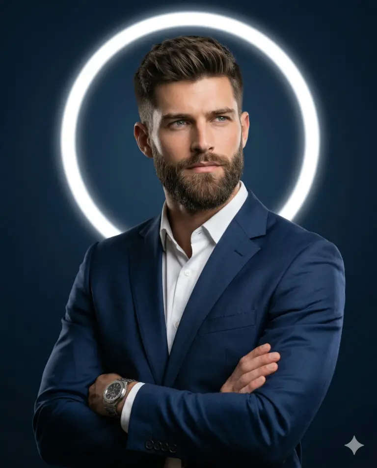 Man in Blue Suit with Glowing Halo AI Photo Editing Prompt. AI generated studio portrait of a bearded man in a navy blue suit with crossed arms and a circular neon halo.