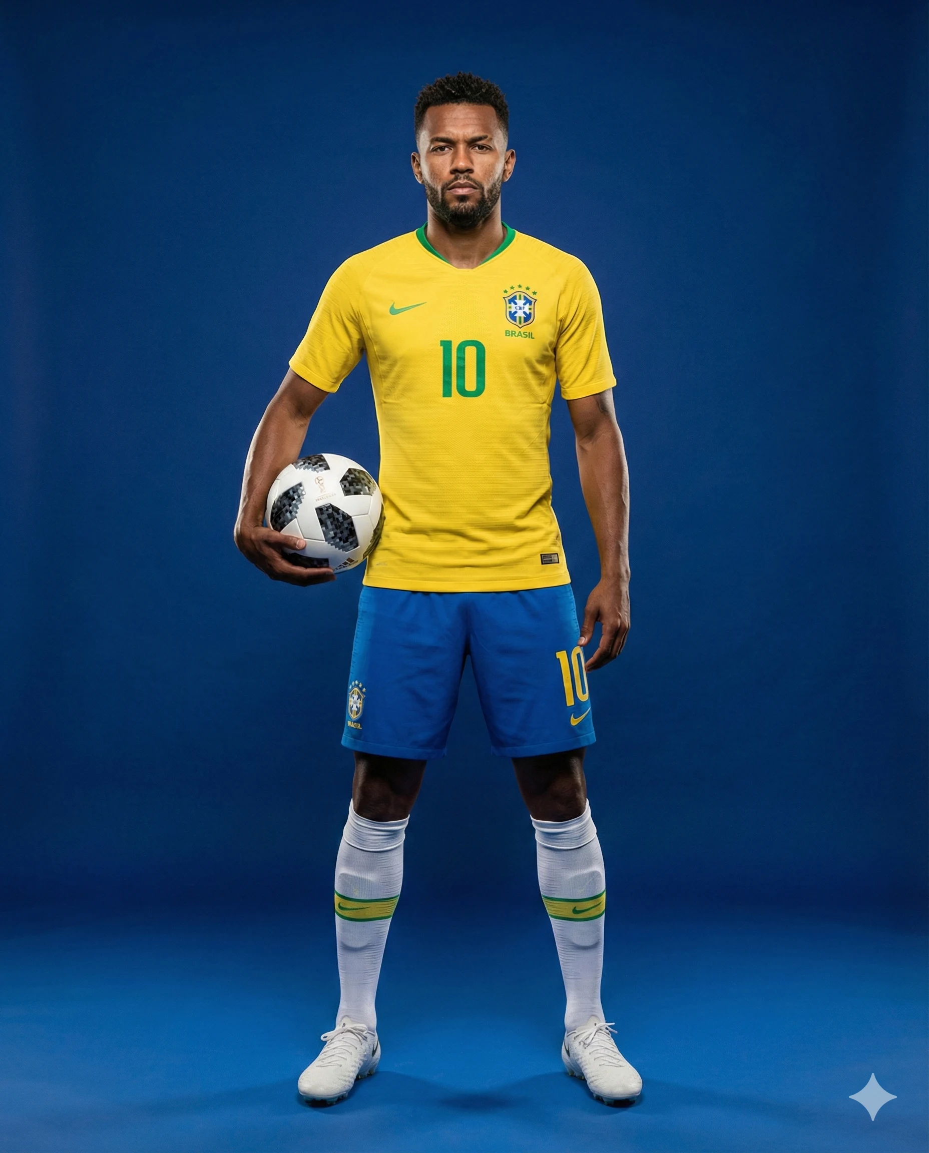 Brazil Football Player in Yellow Jersey AI Photo Editing Prompt. AI generated studio portrait of a man wearing a Brazil national football kit and holding a soccer ball against a solid blue background.