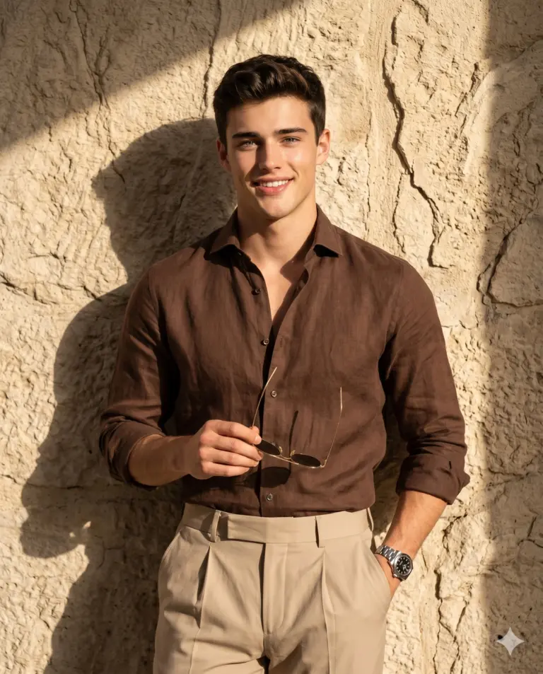 Man in Brown Linen Shirt AI Photo Editing Prompt. AI generated realistic portrait of a smiling man in a brown linen shirt and beige trousers standing against a sunlit stone wall.