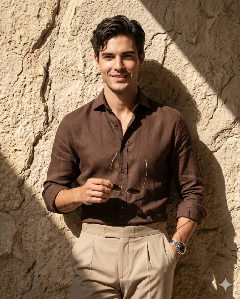 Man in Brown Linen Shirt Realistic Photography Prompt. AI generated cinematic portrait of a man wearing a brown linen shirt and beige trousers holding sunglasses against a textured stone wall.