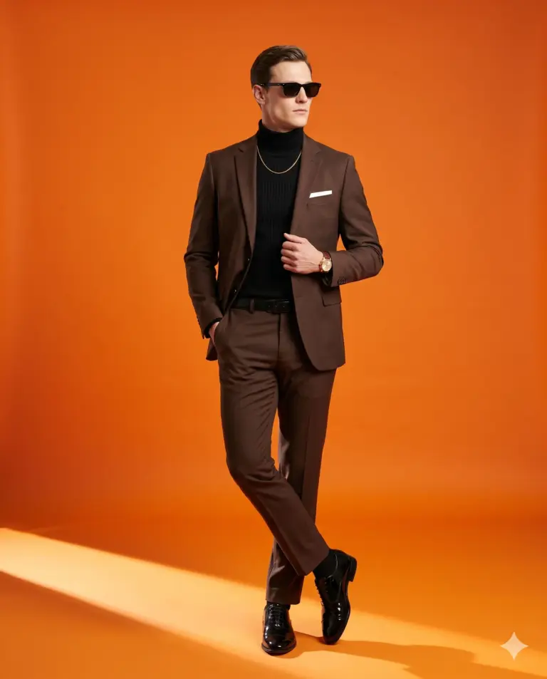Man in Brown Suit and Sunglasses AI Photo Editing Prompt. AI generated studio portrait of a stylish man in a chocolate brown suit and black turtleneck posing against a vibrant orange background.