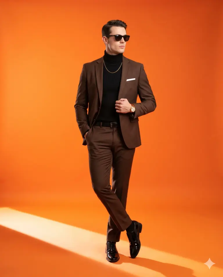 Man in Brown Suit Fashion Photography Prompt. AI generated studio portrait of a stylish man in a chocolate brown suit and black turtleneck posing against a vibrant orange background.