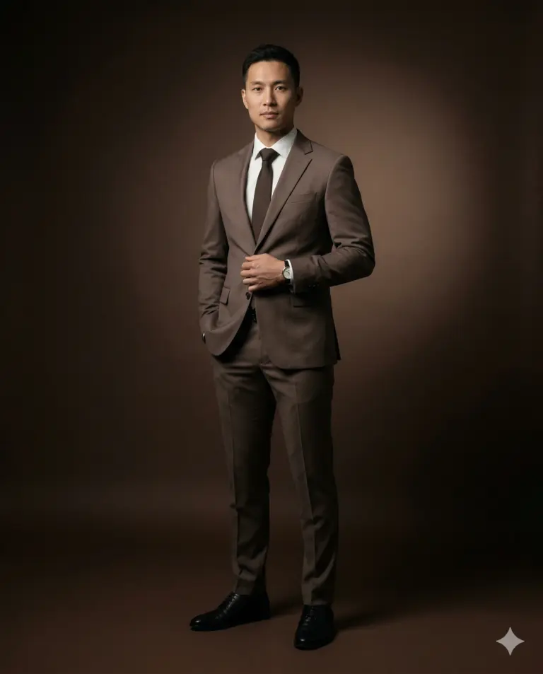 Professional full-body portrait of an East Asian man wearing a slim-fit brown suit, dark brown tie, and black dress shoes, standing against a solid brown studio backdrop.