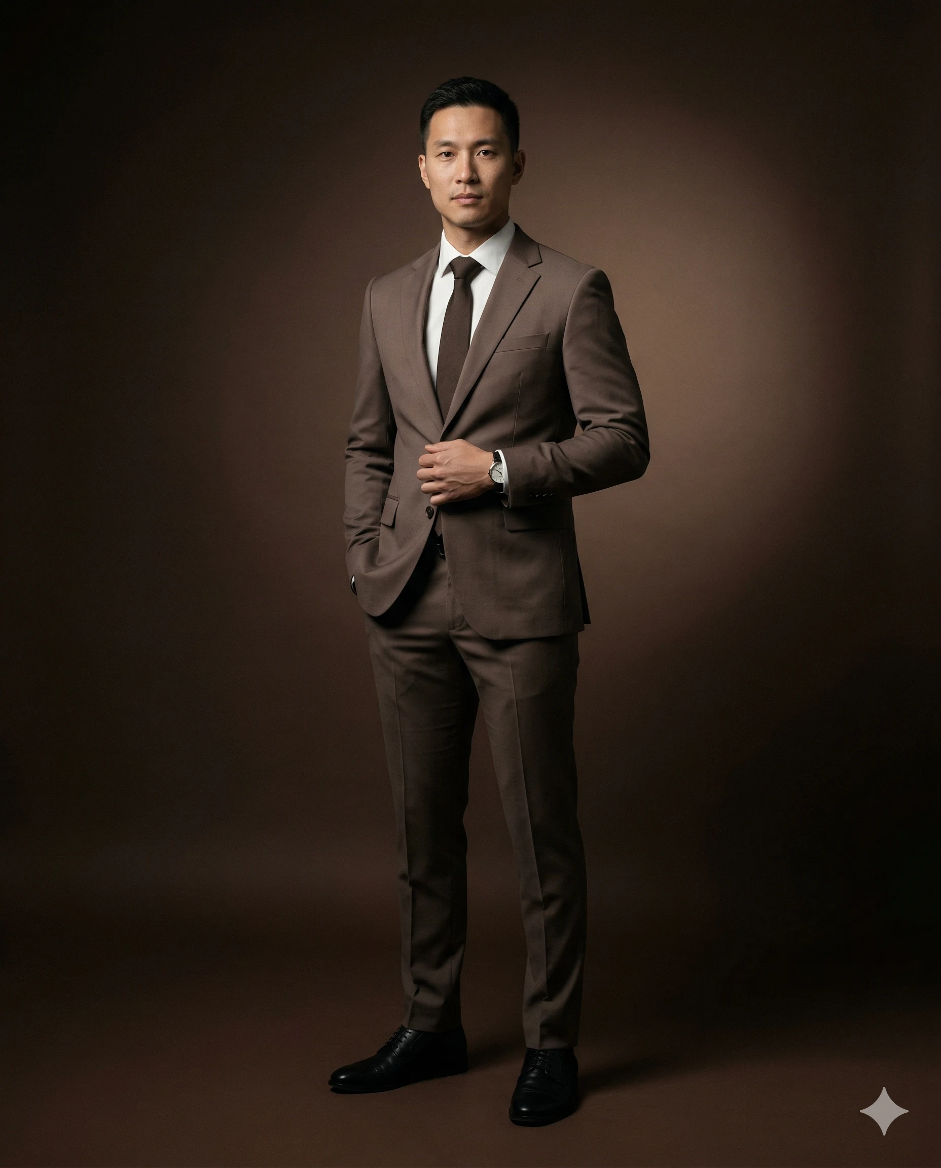 Professional full-body portrait of an East Asian man wearing a slim-fit brown suit, dark brown tie, and black dress shoes, standing against a solid brown studio backdrop.