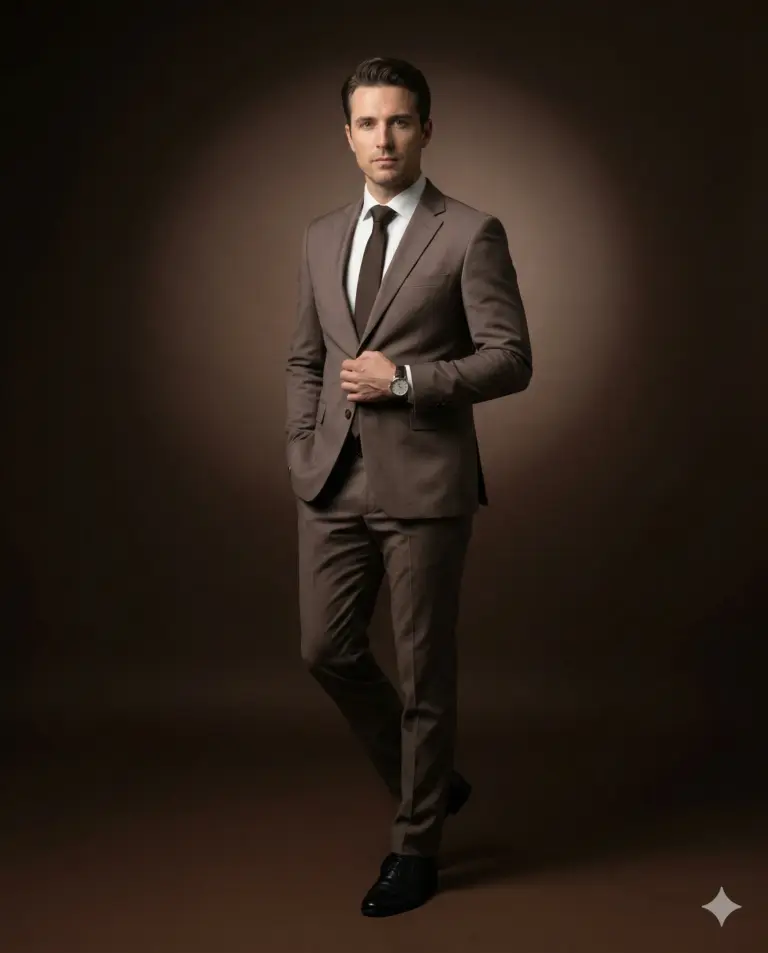 Man in Brown Suit AI Photo Editing Prompt. AI generated studio portrait of a professional man in a tailored brown suit, white shirt, and dark tie against a dark studio background.