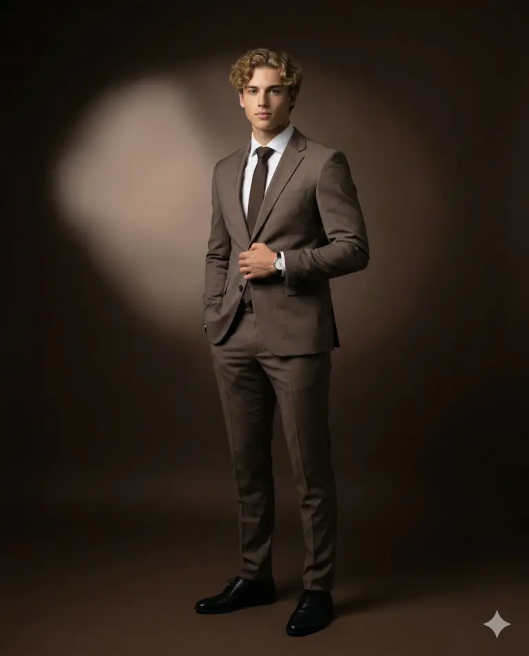 Man in Brown Suit Formal Portrait AI Photo Editing Prompt. AI generated studio portrait of a young man with curly blonde hair wearing a tailored brown suit, white shirt, and dark tie.