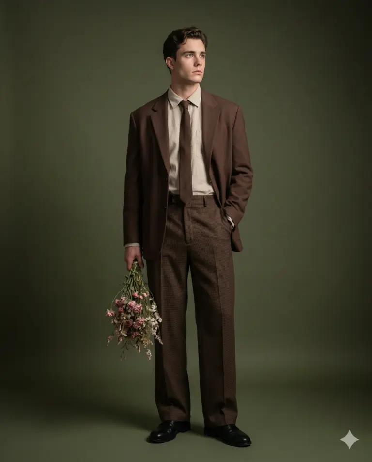 Man holding Dried Flowers AI Photo Editing Prompt. AI generated studio portrait of a young man in a brown houndstooth suit holding dried flowers against an olive green background.
