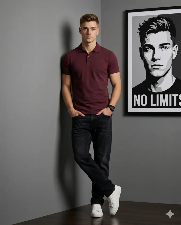 AI generated digital portrait of a young man in a burgundy polo shirt and black jeans leaning against a wall next to a monochrome "No Limits" poster.