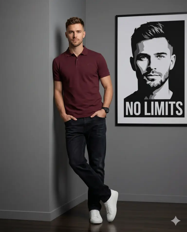 Man in Burgundy Polo and No Limits Poster AI Photo Editing Prompt. AI generated studio portrait of a man in a burgundy polo shirt leaning against a wall next to a framed black-and-white graphic poster.