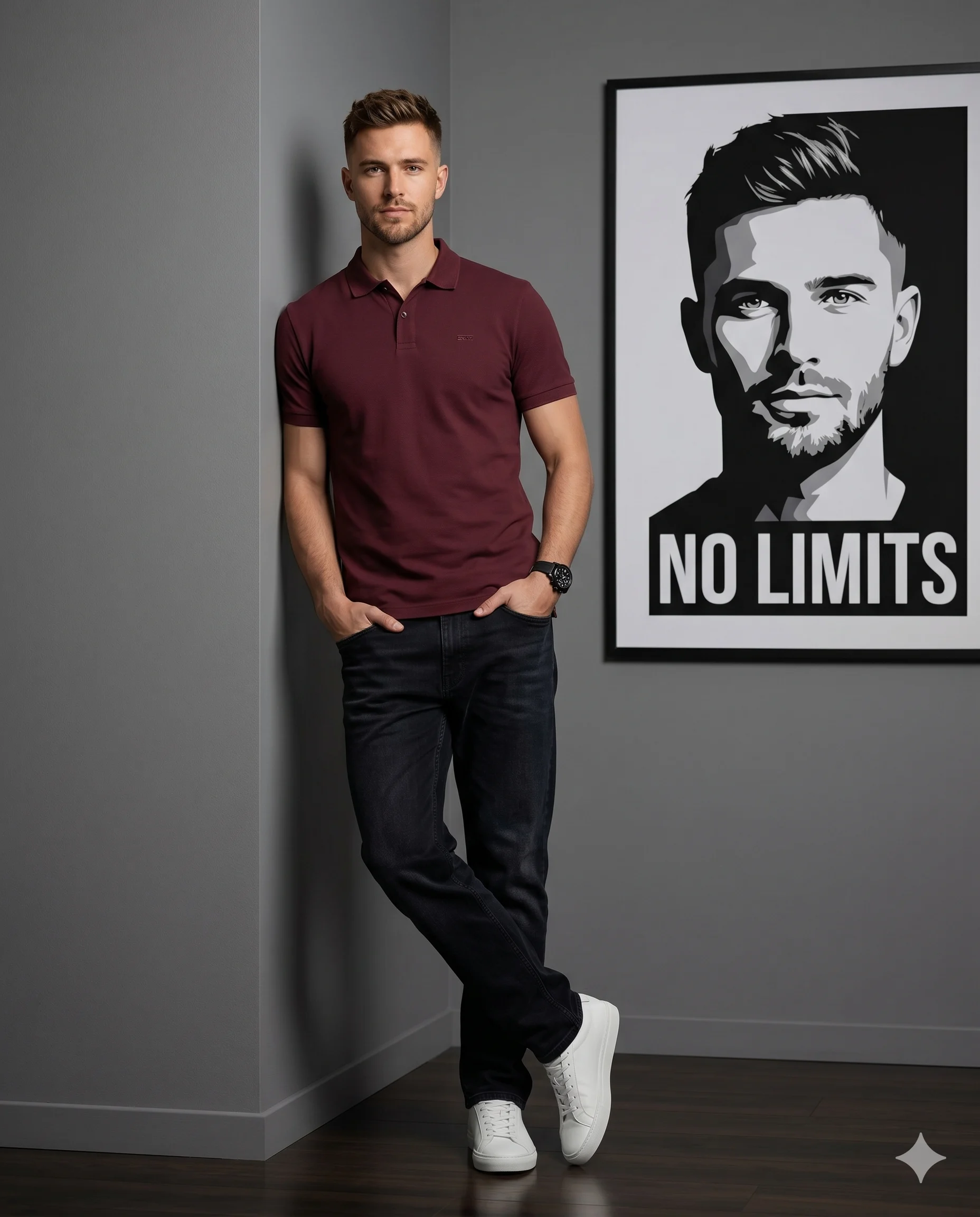 Man in Burgundy Polo and No Limits Poster AI Photo Editing Prompt. AI generated studio portrait of a man in a burgundy polo shirt leaning against a wall next to a framed black-and-white graphic poster.