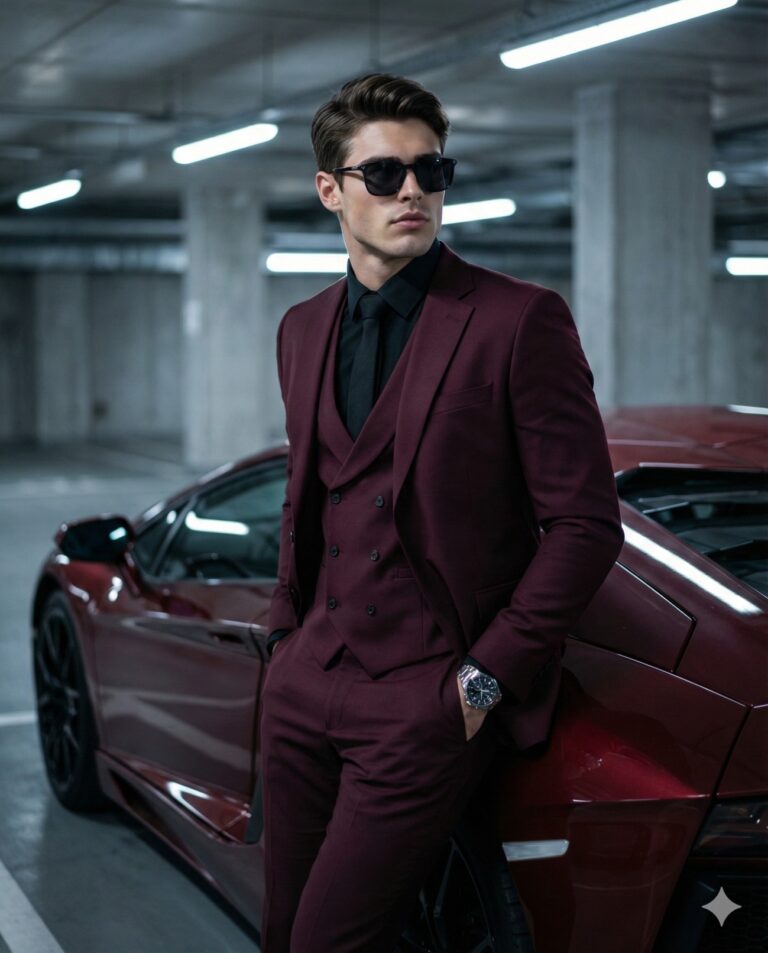 A stylish man in a burgundy three-piece suit and sunglasses leans against a red luxury supercar in a garage.