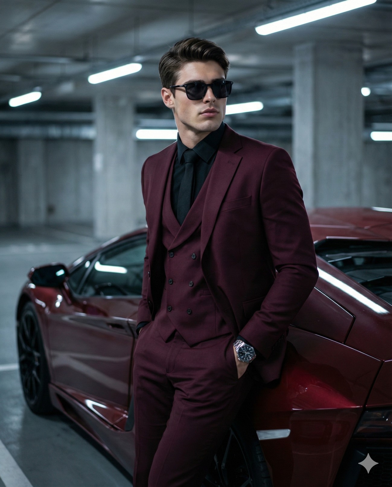 A stylish man in a burgundy three-piece suit and sunglasses leans against a red luxury supercar in a garage.