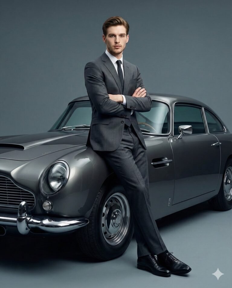 Google Gemini AI Prompt Generated Image: A sophisticated man in a charcoal suit leaning against a vintage luxury car with arms crossed, set against a minimalist grey studio backdrop.