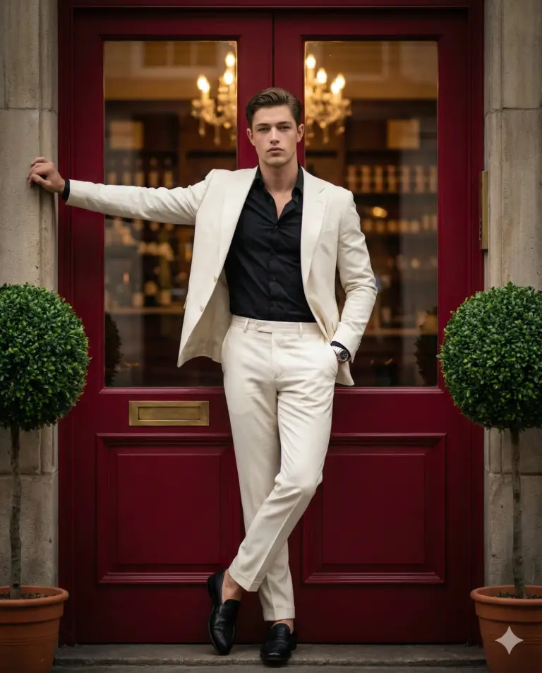 Man Cream Suit Red Door AI Photo Editing Prompt. AI generated cinematic portrait of a stylish man in an off-white suit and black shirt leaning against a classic red door flanked by topiary trees.