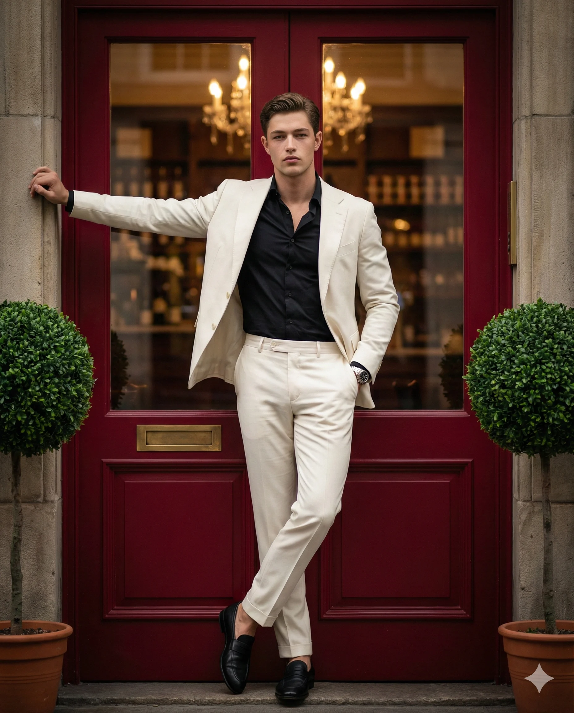 Man Cream Suit Red Door AI Photo Editing Prompt. AI generated cinematic portrait of a stylish man in an off-white suit and black shirt leaning against a classic red door flanked by topiary trees.