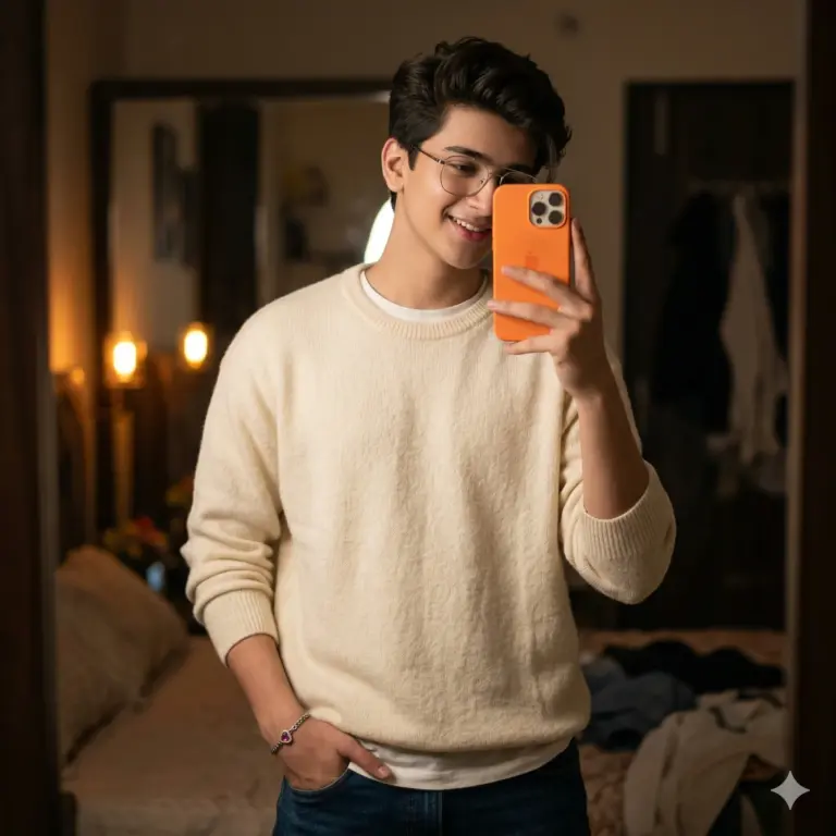 Young Man with Orange Phone Selfie Prompt. AI generated mirror selfie portrait of a stylish young man in a cream sweater and glasses holding an orange phone.