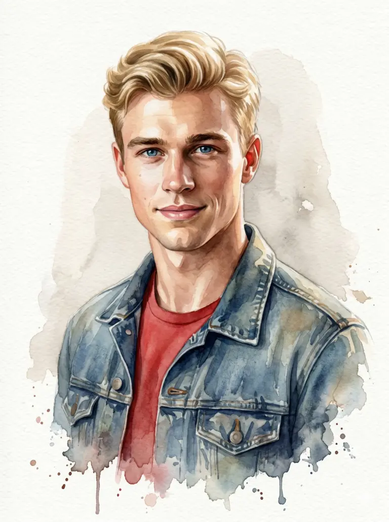 Man in Denim Jacket Watercolor AI Photo Editing Prompt. AI generated watercolor portrait illustration of a blonde man with blue eyes wearing a denim jacket over a red t-shirt.
