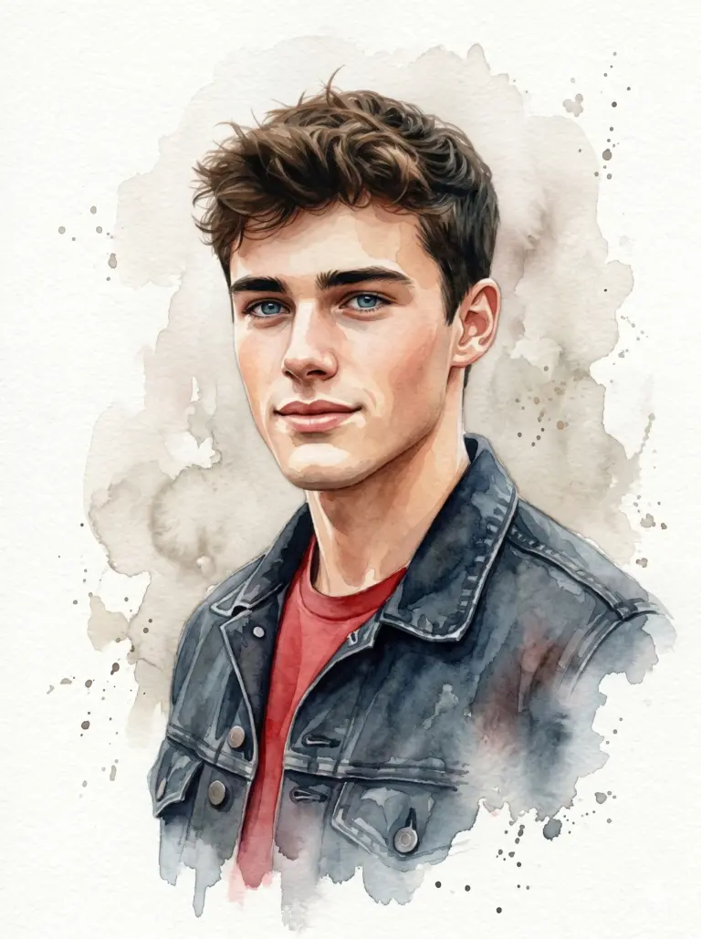 Man in Denim Jacket Watercolor Drawing Prompt. AI generated watercolor portrait illustration of a young man with blue eyes wearing a dark denim jacket over a red t-shirt.