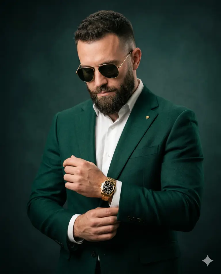 Man in Emerald Green Suit AI Photo Editing Prompt. AI generated studio portrait of a bearded man in an emerald green blazer adjusting his cuff and wearing gold aviator sunglasses.