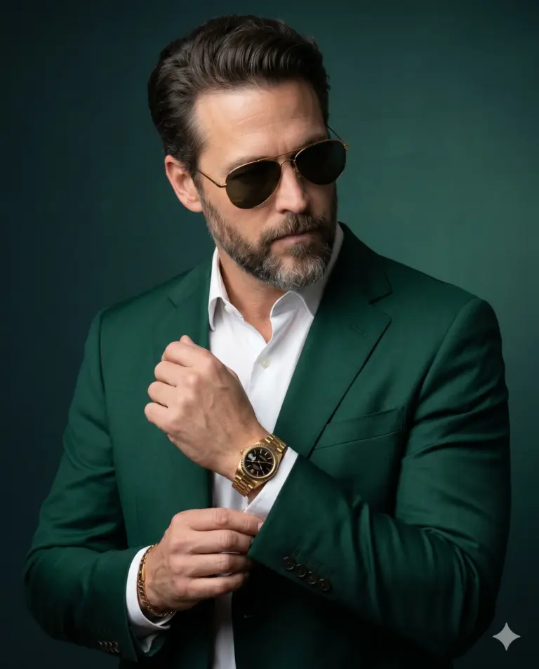Man Luxury Fashion Photography Prompt. AI generated studio portrait of a bearded man wearing an emerald green suit and gold sunglasses while adjusting his sleeve cuff.