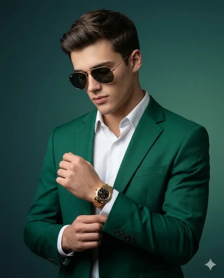 AI generated studio portrait of a stylish young man in an emerald green blazer and gold watch adjusting his cuff.