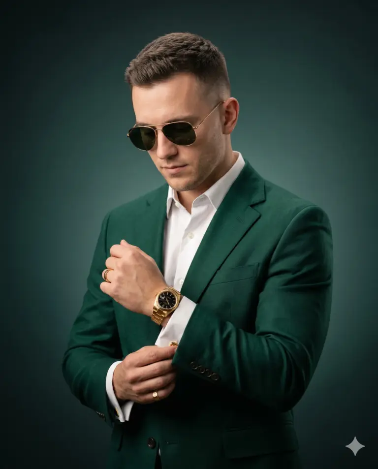 Man in Emerald Green Suit AI Photo Editing Prompt. AI generated studio portrait of a stylish man in a green blazer and sunglasses adjusting his cufflink.