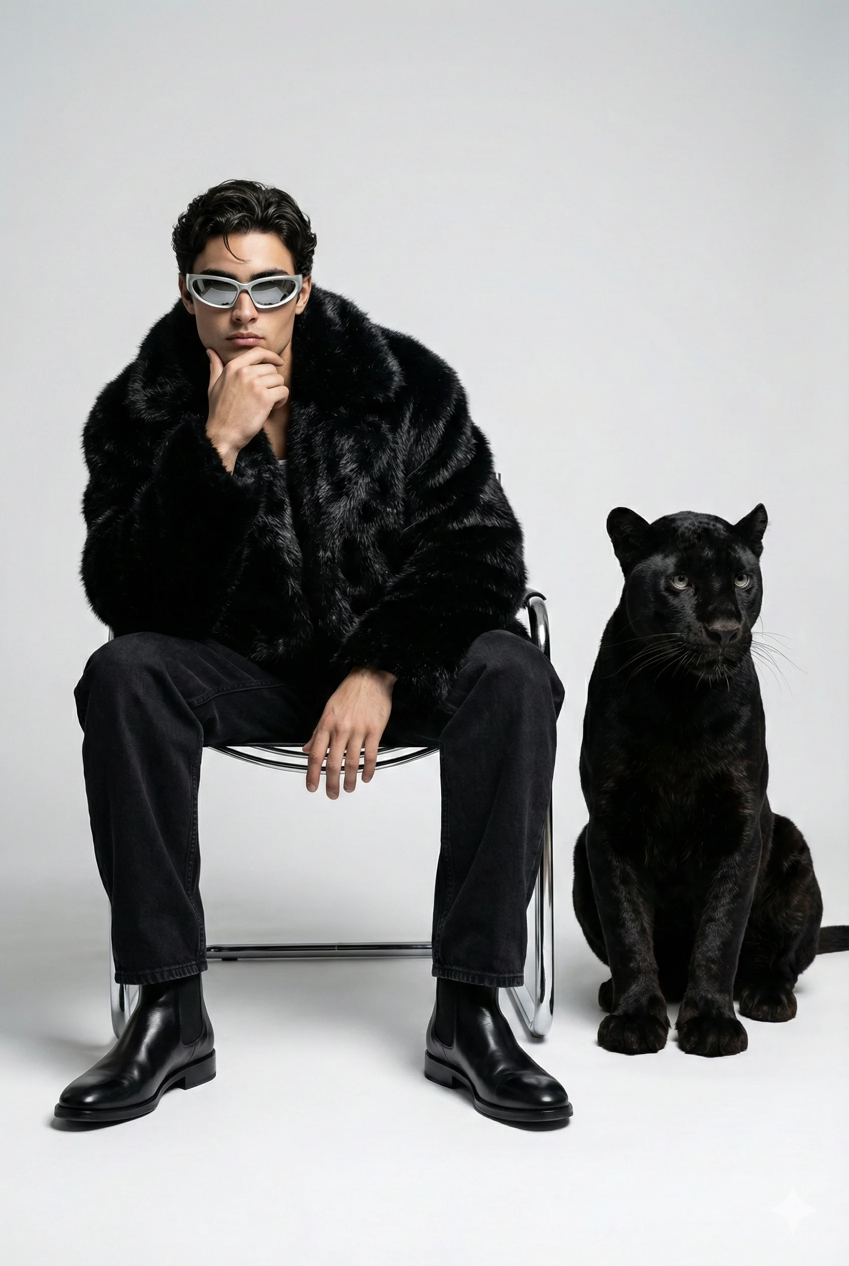 Man in Fur Coat with Black Panther AI Photo Editing Prompt. AI generated high-fashion studio portrait of a man in a black fur coat and silver sunglasses sitting beside a black panther.