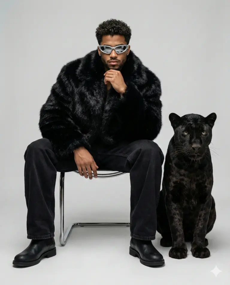 Man with Black Panther AI Photo Editing Prompt. AI generated fashion portrait of a man in a black fur coat and silver sunglasses sitting next to a majestic black panther in a minimalist studio.