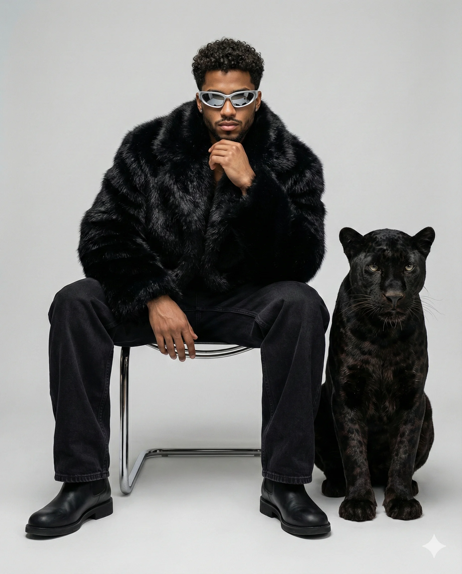 Man with Black Panther AI Photo Editing Prompt. AI generated fashion portrait of a man in a black fur coat and silver sunglasses sitting next to a majestic black panther in a minimalist studio.